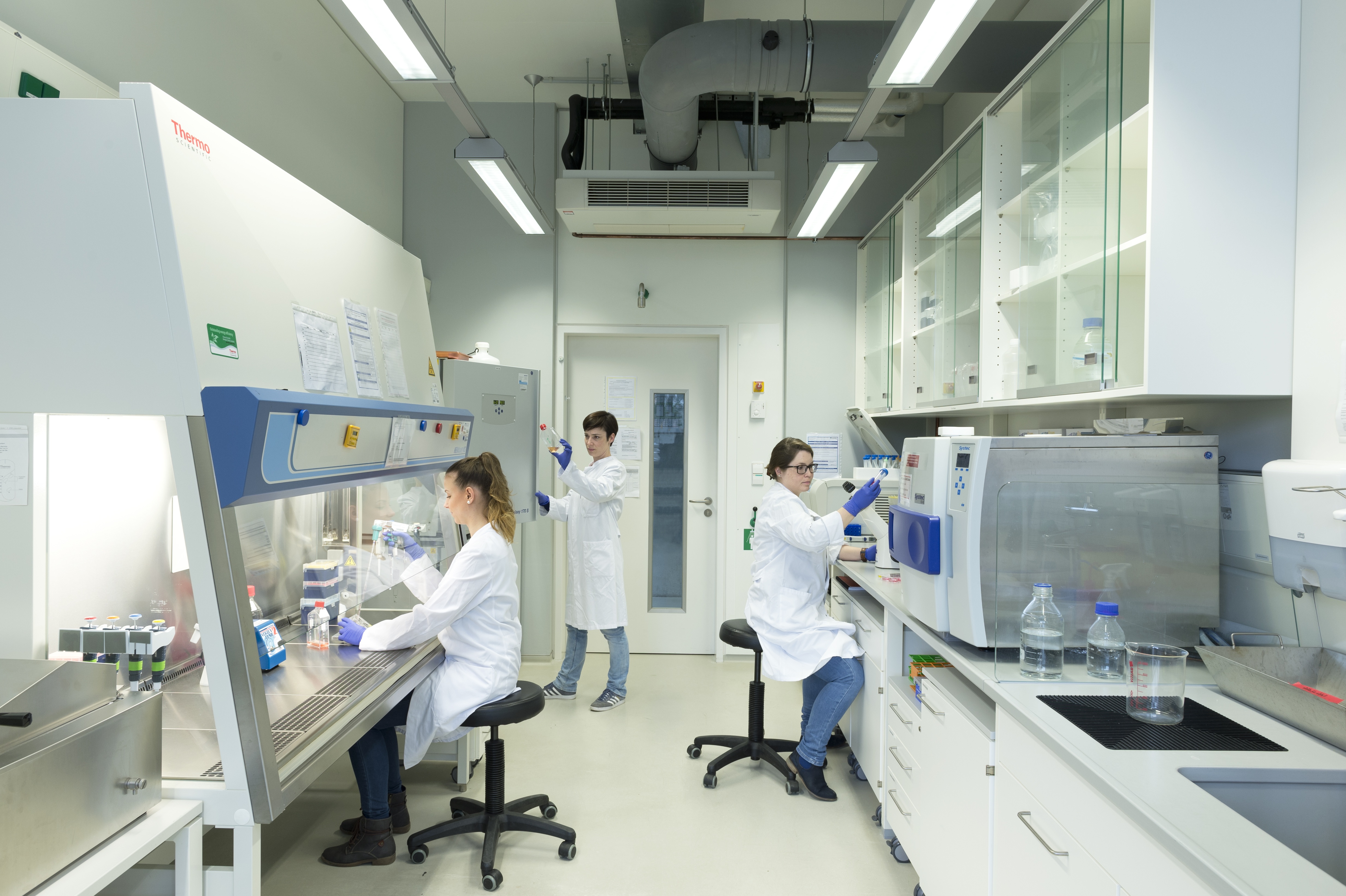Three scientists in lab coats are working in a laboratory. One person ist sitting at a  microscope, one is working in a cell culture hood and one is standing at an open incubator looking at a tissue culture flask.